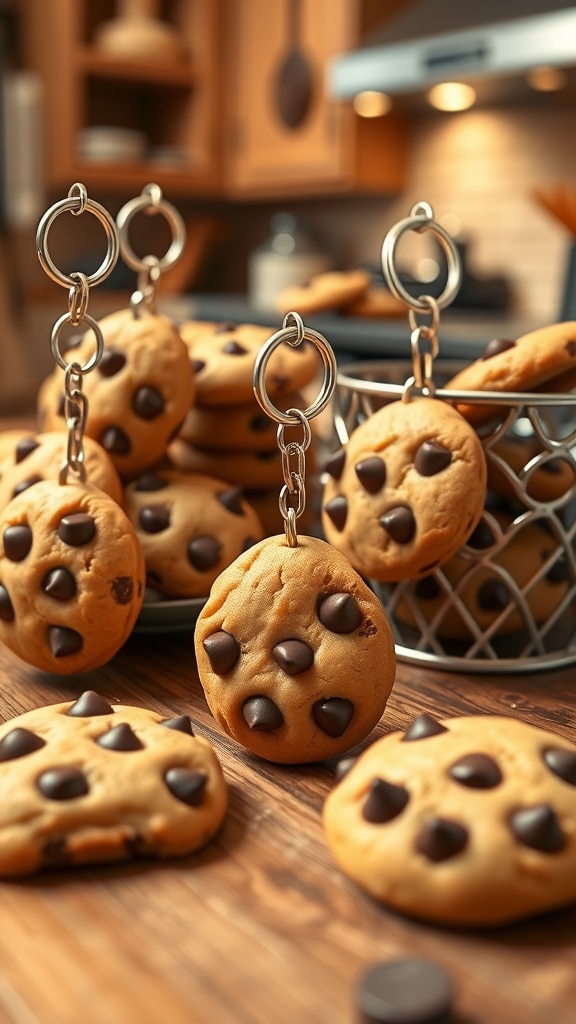 Miniature chocolate chip cookies on keychain rings, with a rustic kitchen backdrop.